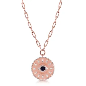 14K Rose Gold Diamond   Sapphire Evil Eye Coin Necklace