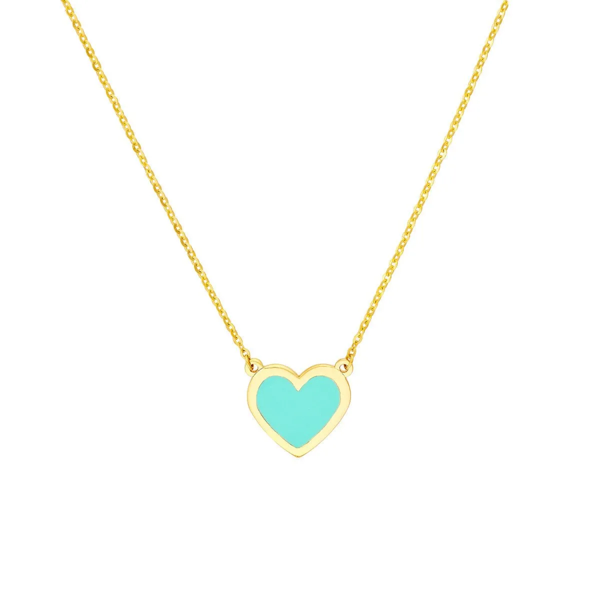 14K Yellow Gold Light Turquoise Enamel Bezel Heart Necklace