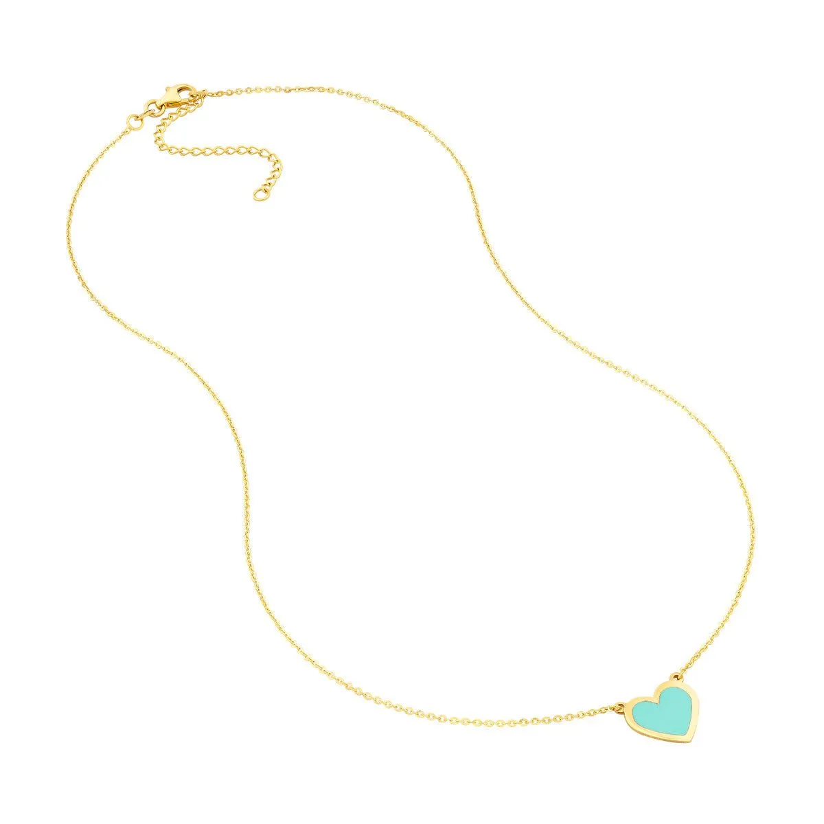 14K Yellow Gold Light Turquoise Enamel Bezel Heart Necklace