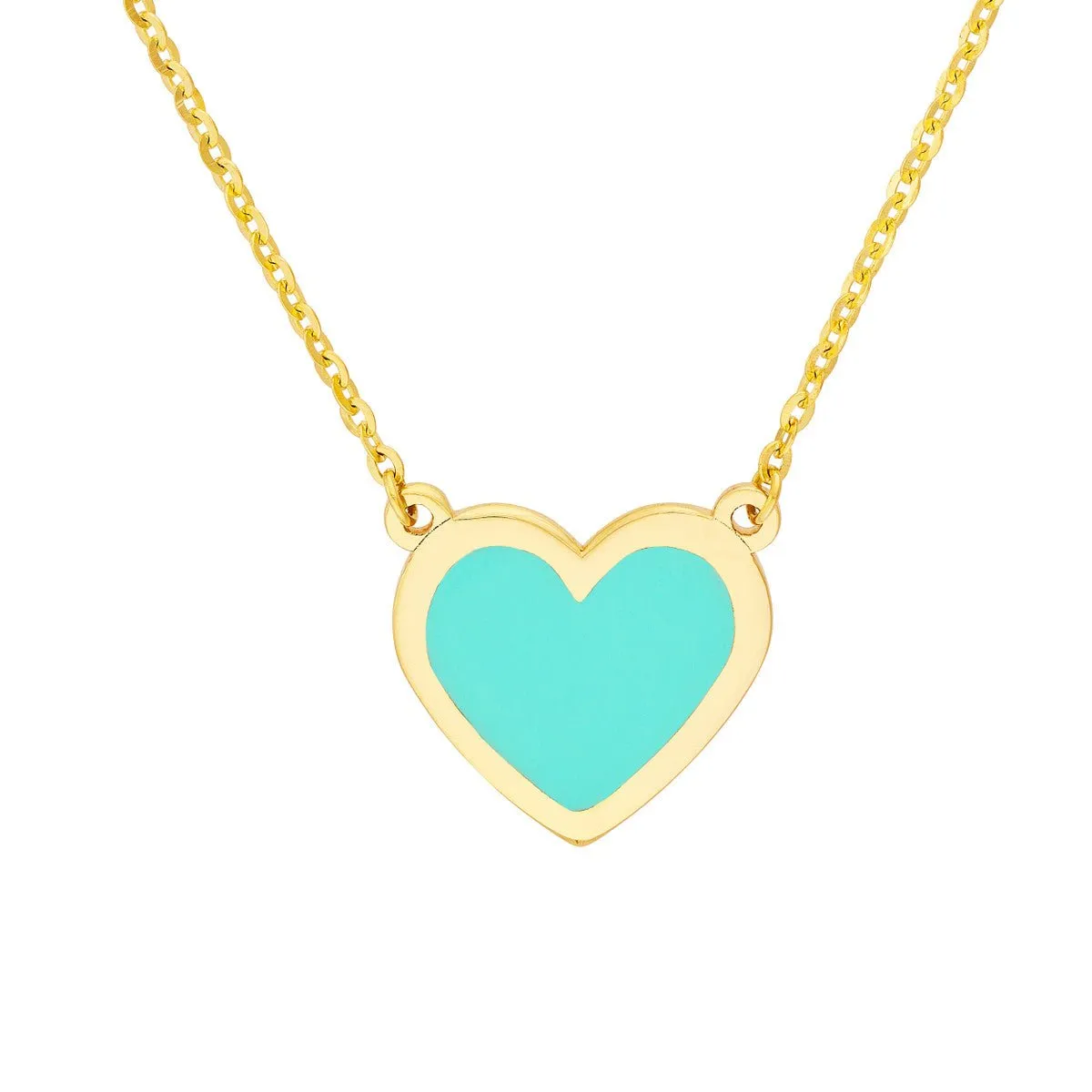 14K Yellow Gold Light Turquoise Enamel Bezel Heart Necklace