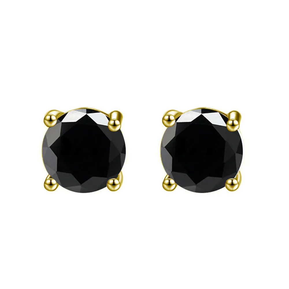 14k Yellow Gold Plated 1 Carat Round Created Black Sapphire Stud Earrings