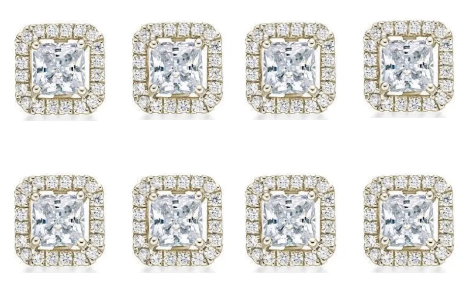 14k Yellow Gold Plated 2Ct Princess Cut White Sapphire Set of Four Halo Stud Earrings