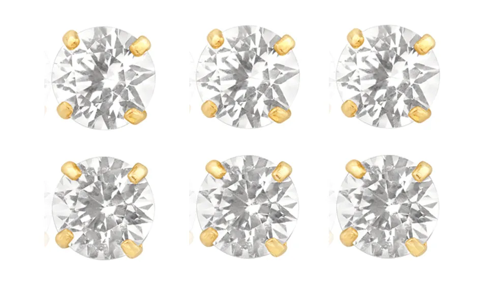 14k Yellow Gold Plated 6mm 2Ct Round White Sapphire Set Of Three Stud Earrings