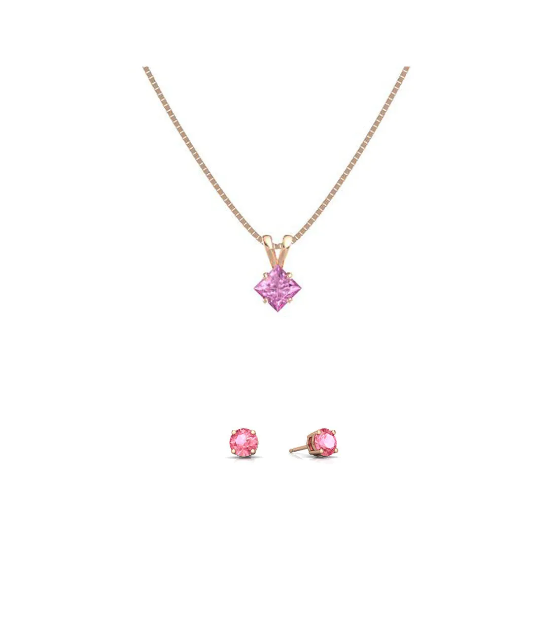 18K Rose Gold 1ct Pink Sapphire Square 18 Inch Necklace and Round Earrings Set Plated