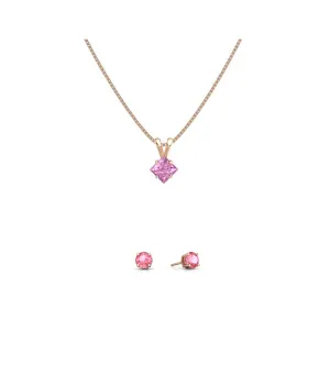 18K Rose Gold 1ct Pink Sapphire Square 18 Inch Necklace and Round Earrings Set Plated