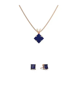 18K Rose Gold 4ct Blue Sapphire Square 18 Inch Necklace and Earrings Set Plated