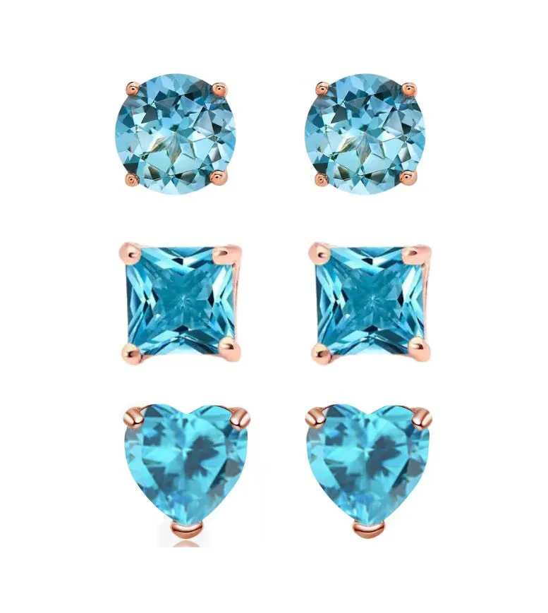 18k Rose Gold Plated 6mm Created Blue Topaz 3 Pair Round, Square and Heart Stud Earrings