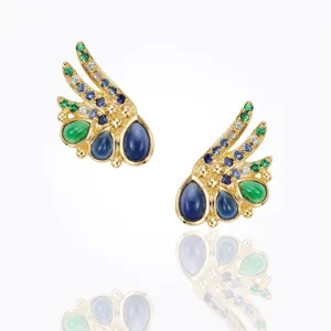 18K Wing Earrings with blue sapphire, green sapphire and tsavorite