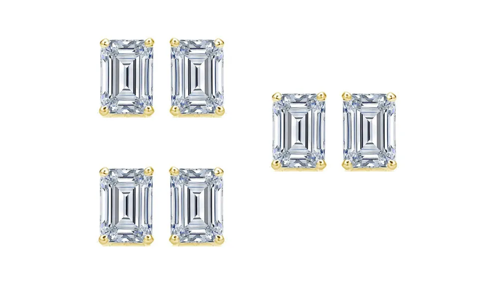 18k Yellow Gold 6mm 2Ct Emerald Cut White Sapphire Set Of Three Stud Earrings Plated