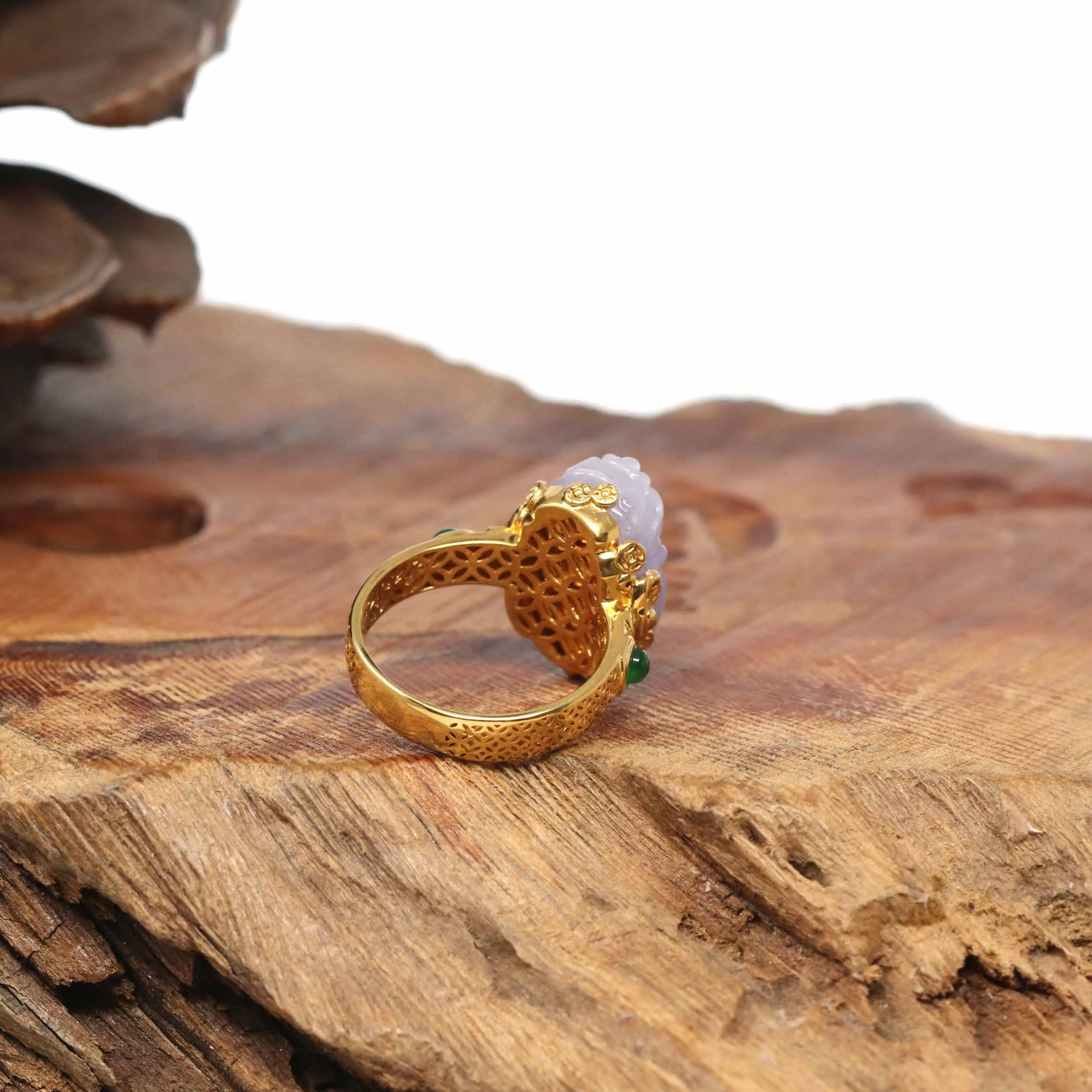 18k Yellow Gold Natural Rich Lavender Pixiu Jadeite Jade Ring With Diamonds