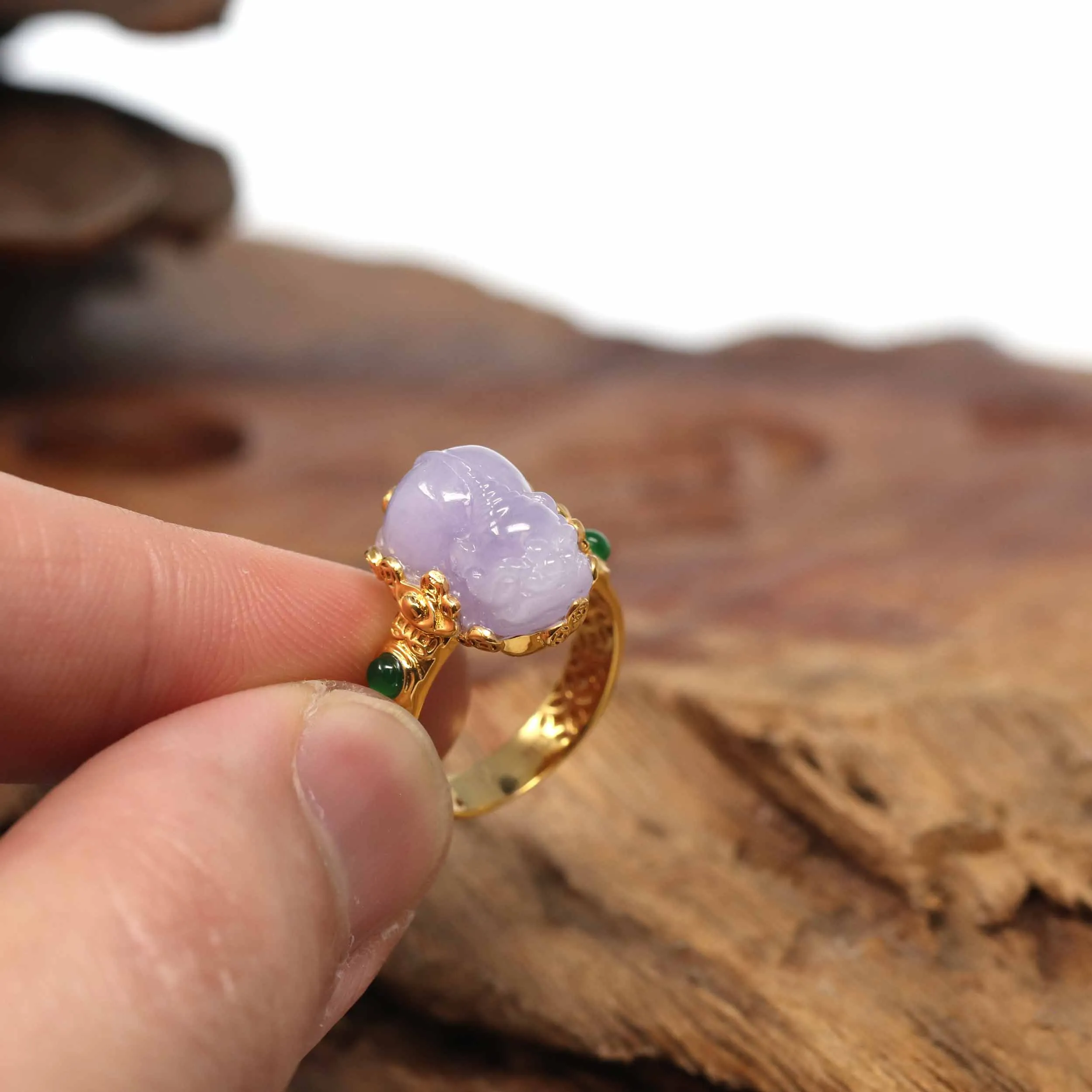 18k Yellow Gold Natural Rich Lavender Pixiu Jadeite Jade Ring With Diamonds