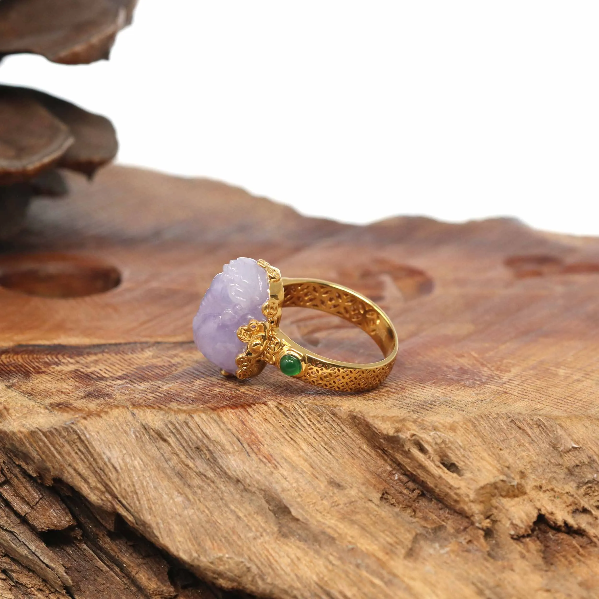 18k Yellow Gold Natural Rich Lavender Pixiu Jadeite Jade Ring With Diamonds