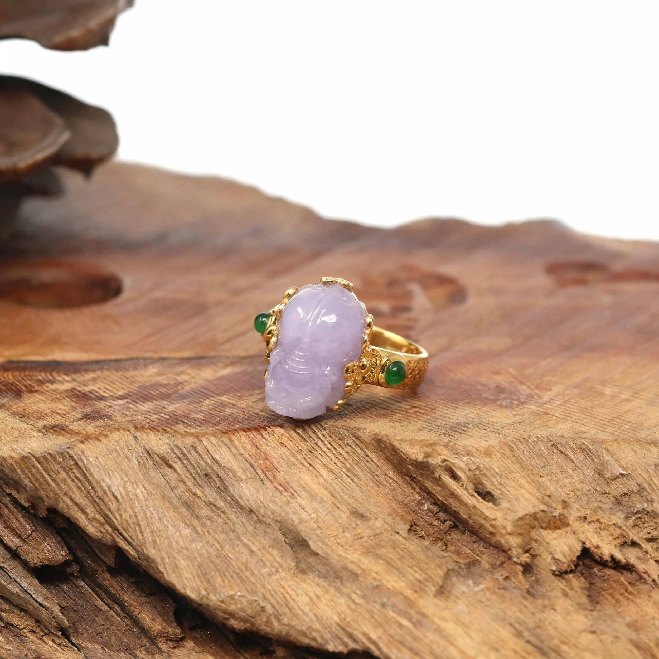 18k Yellow Gold Natural Rich Lavender Pixiu Jadeite Jade Ring With Diamonds