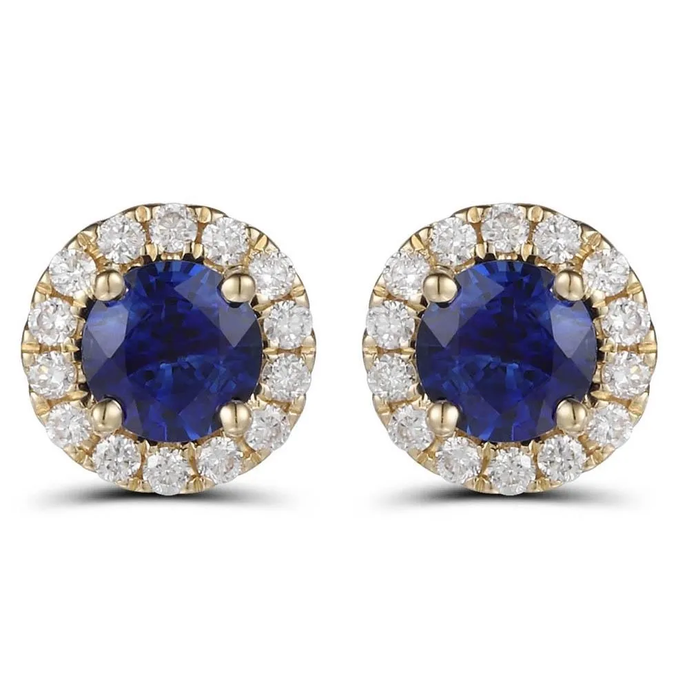 18K Yellow Gold Round Sapphire with Diamond Halo Stud Earrings