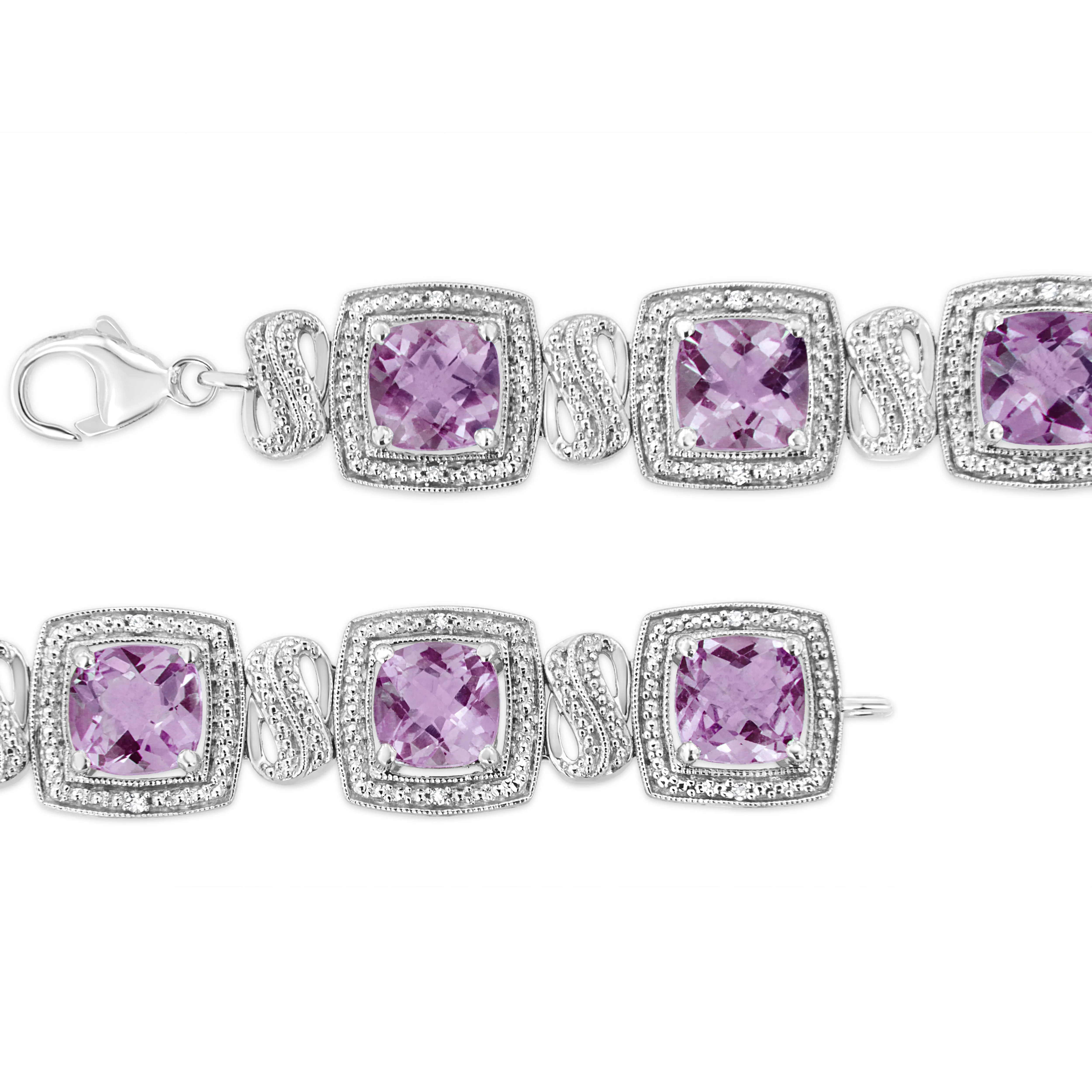 .925 Sterling Silver 7x7 mm Cushion Cut Purple Amethyst and 1/10 cttw Round Cut Diamond Square Shape Tennis Bracelet