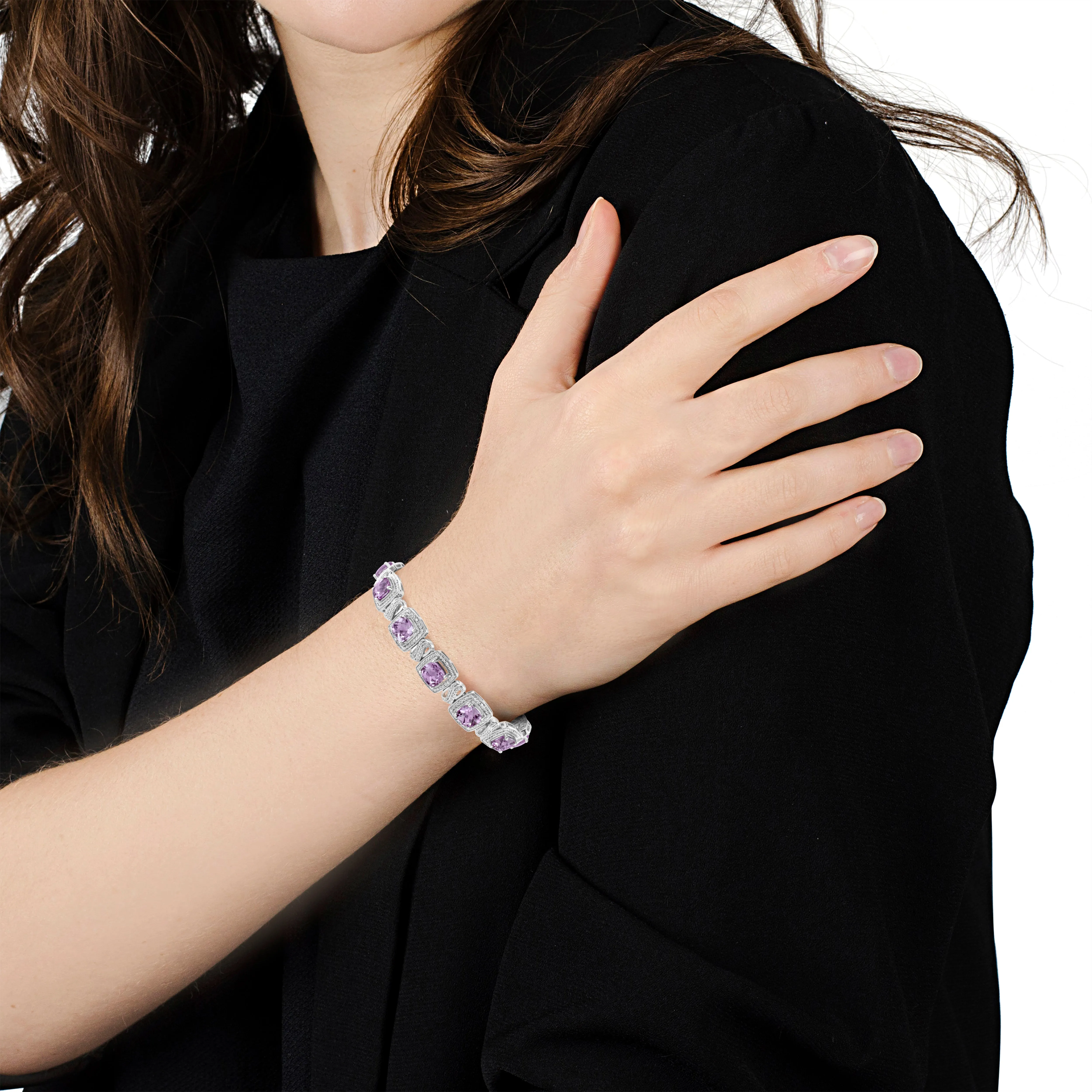 .925 Sterling Silver 7x7 mm Cushion Cut Purple Amethyst and 1/10 cttw Round Cut Diamond Square Shape Tennis Bracelet