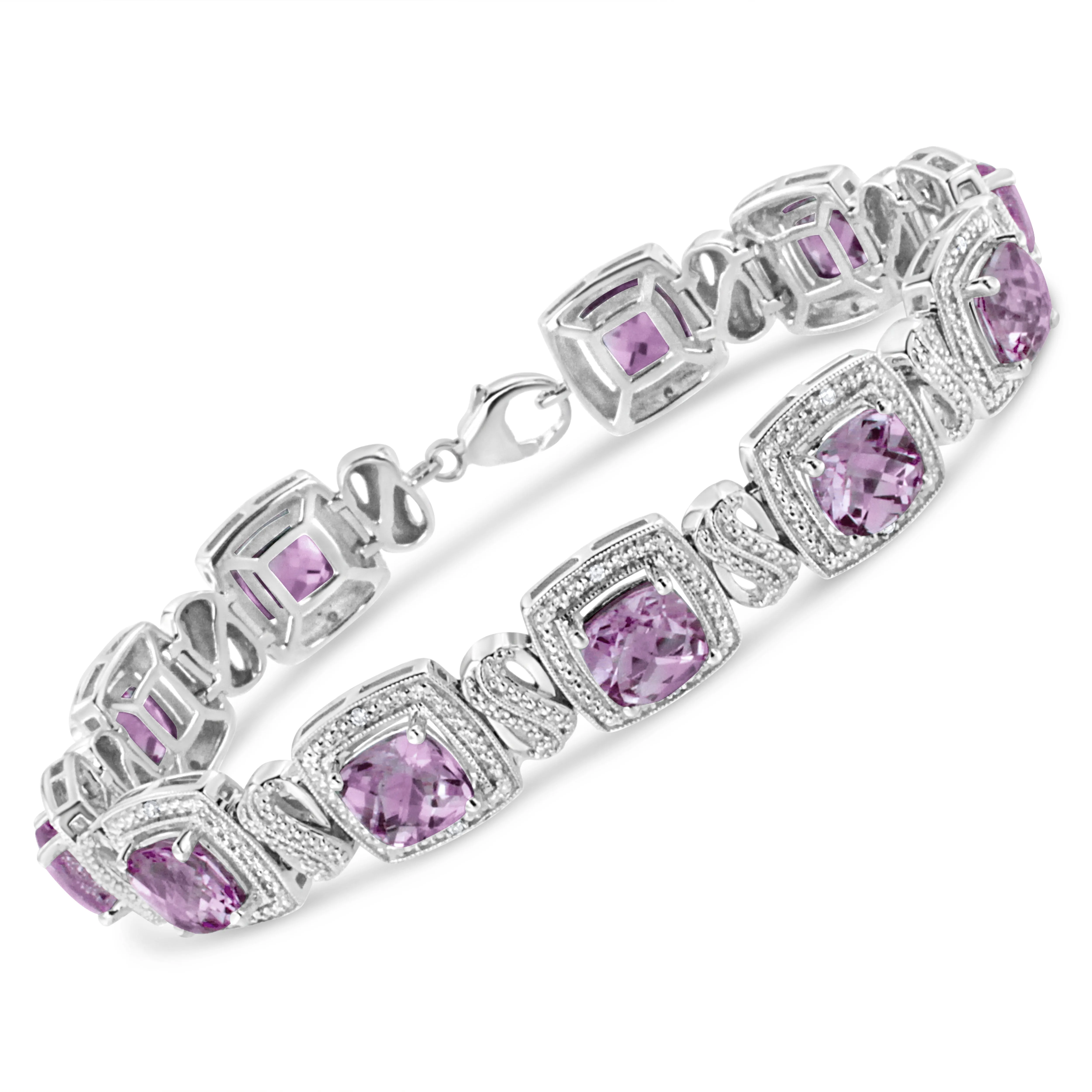 .925 Sterling Silver 7x7 mm Cushion Cut Purple Amethyst and 1/10 cttw Round Cut Diamond Square Shape Tennis Bracelet