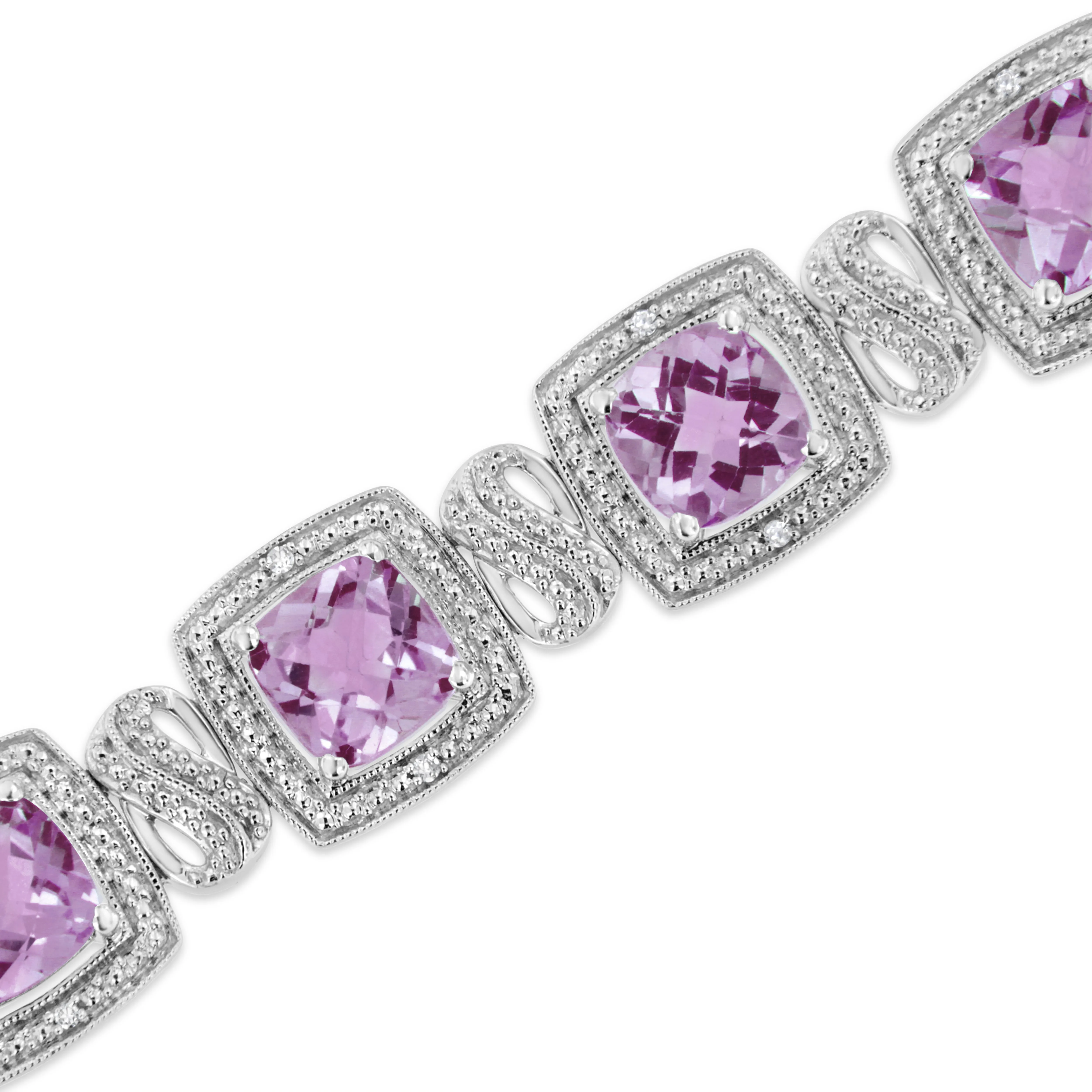 .925 Sterling Silver 7x7 mm Cushion Cut Purple Amethyst and 1/10 cttw Round Cut Diamond Square Shape Tennis Bracelet