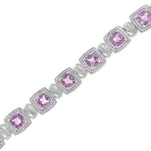.925 Sterling Silver 7x7 mm Cushion Cut Purple Amethyst and 1/10 cttw Round Cut Diamond Square Shape Tennis Bracelet