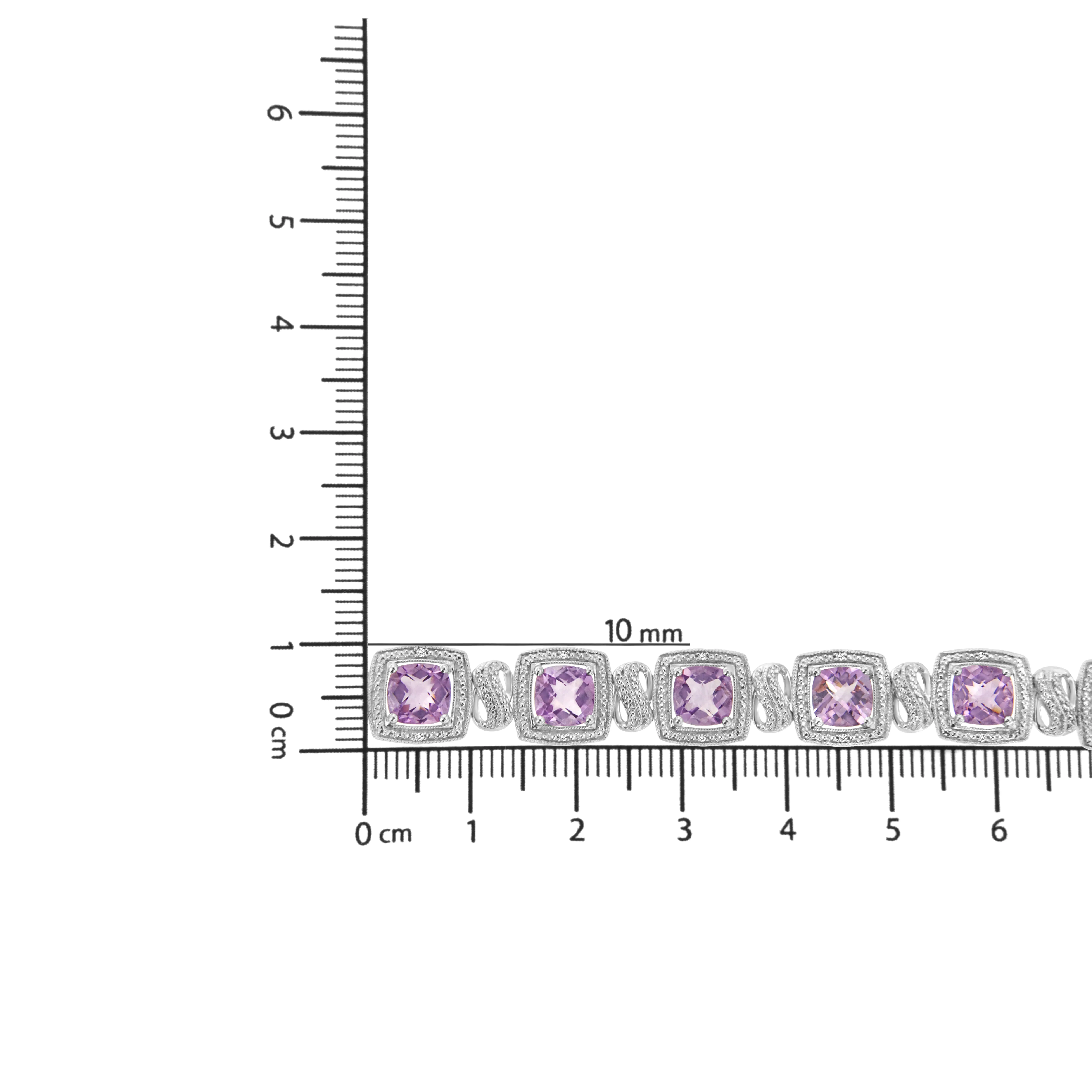 .925 Sterling Silver 7x7 mm Cushion Cut Purple Amethyst and 1/10 cttw Round Cut Diamond Square Shape Tennis Bracelet