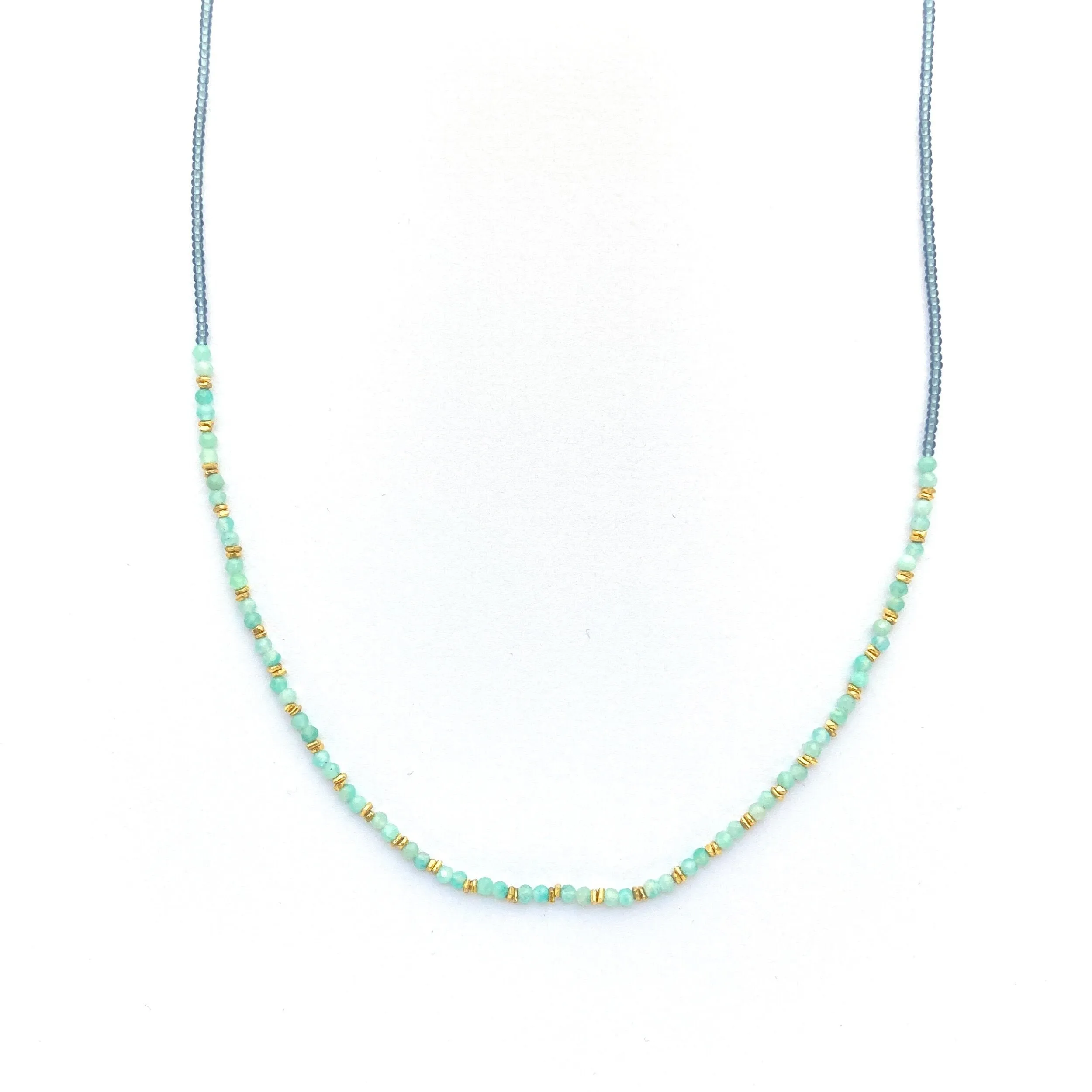 Amazonite and Gray Seed Beaded Necklace by Debbie Fisher