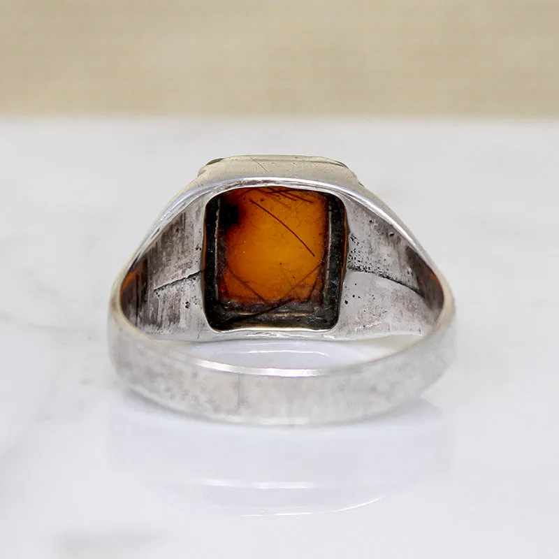 Amber Cushion in Engraved Sterling Ring