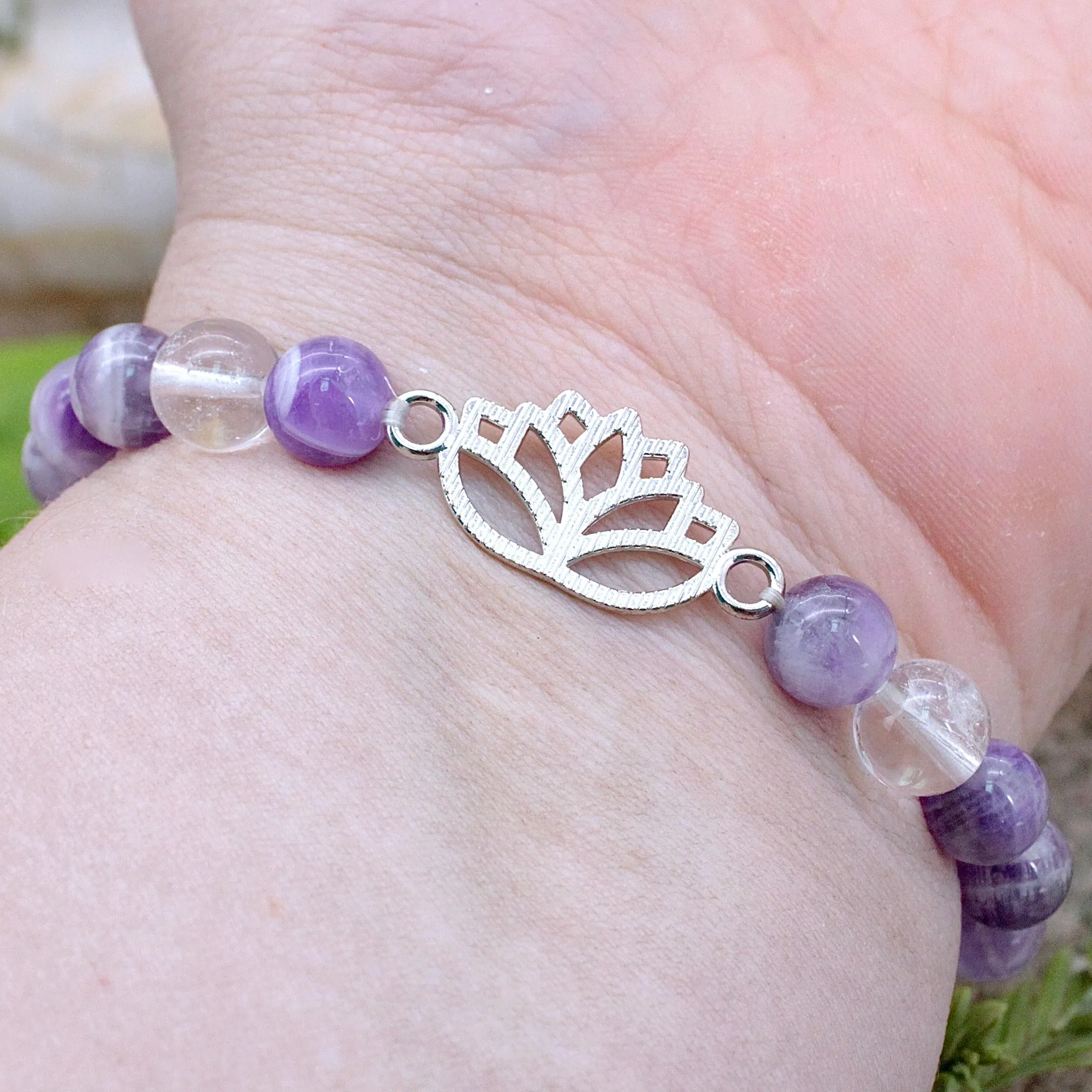 Amethyst and Quartz Bracelet with Lotus Charm