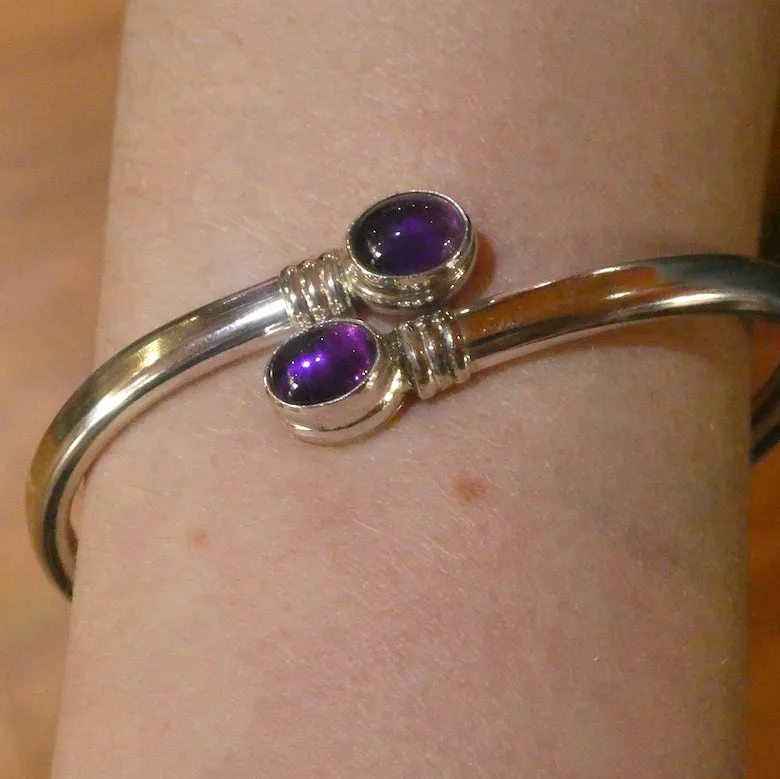 Amethyst Cuff Bracelet Bangle, Oval Cabochons, 925 Sterling Silver