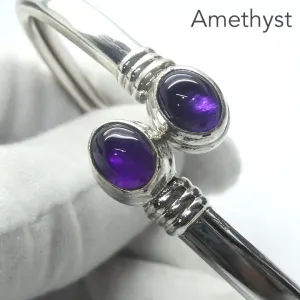 Amethyst Cuff Bracelet Bangle, Oval Cabochons, 925 Sterling Silver