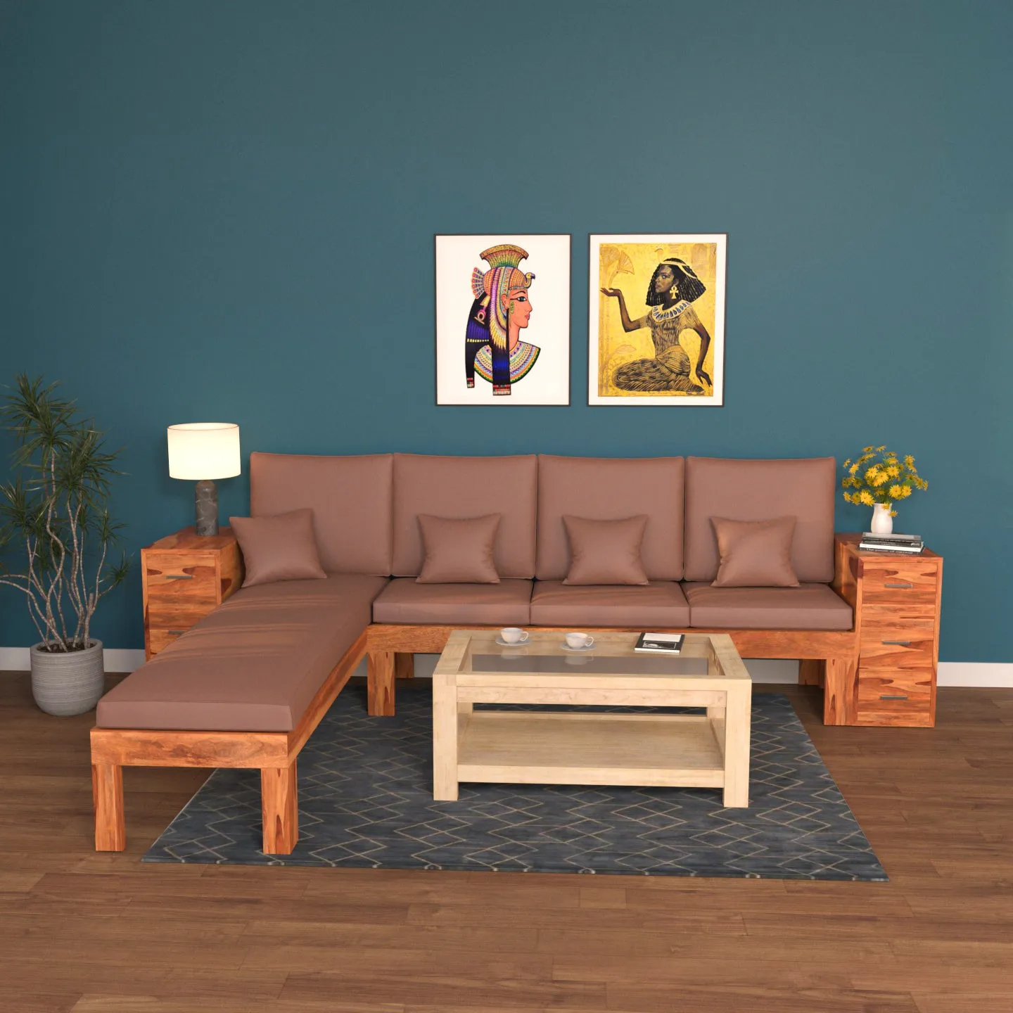 Antique Amber Brown Wooden Six Seater Vintage Sofa