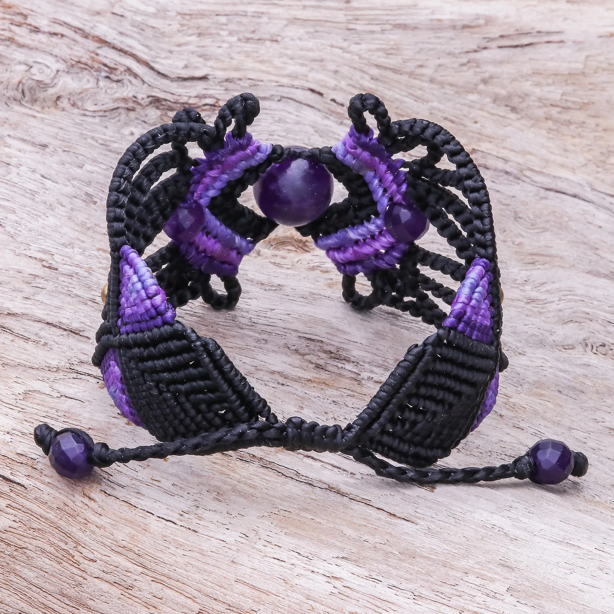 ARtisan Crafted Amethyst Macrame Bracelet - Dazzling Bohemian | NOVICA