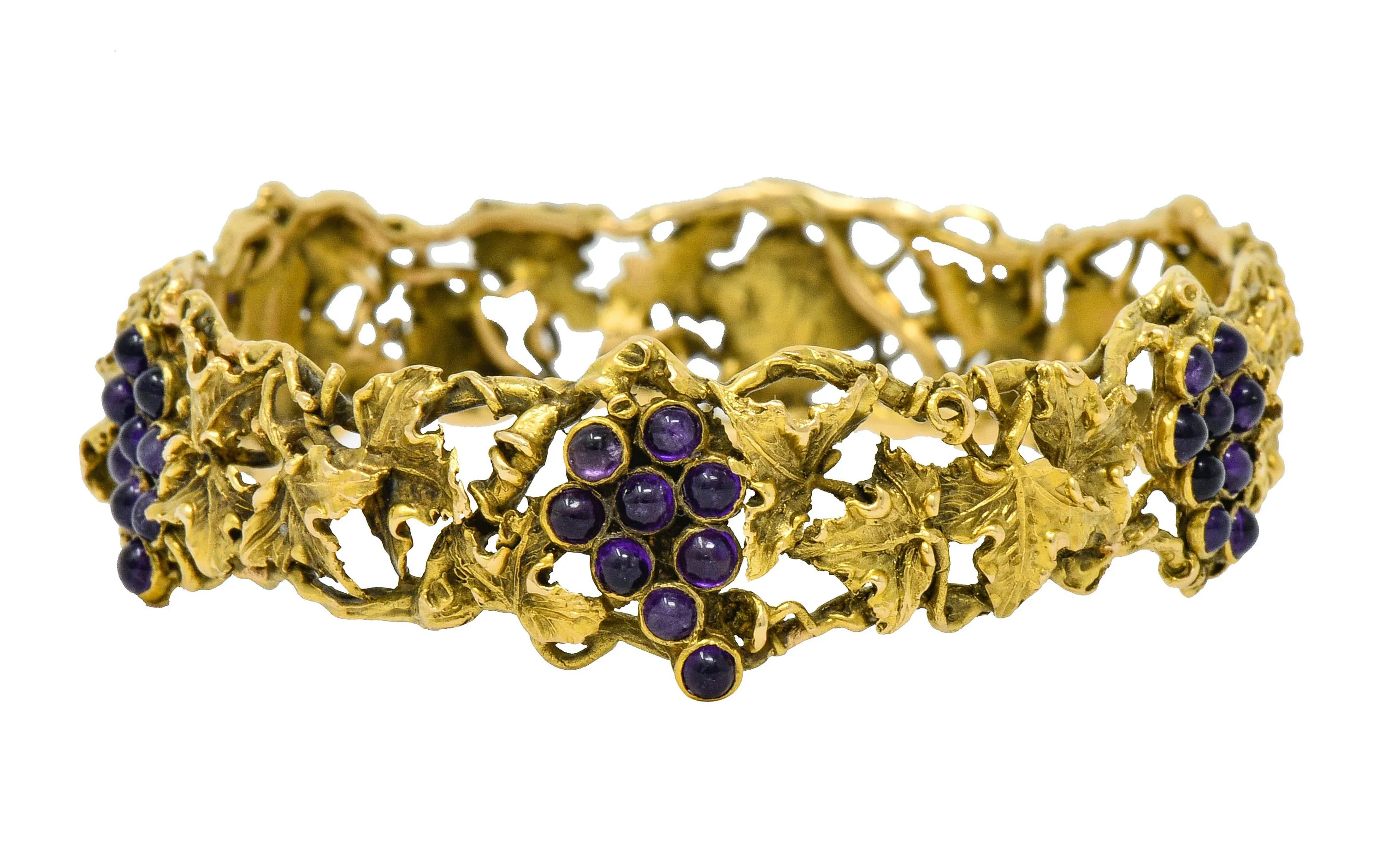 Arts & Crafts Amethyst 14 Karat Gold Grape Cluster Vine Bangle Bracelet
