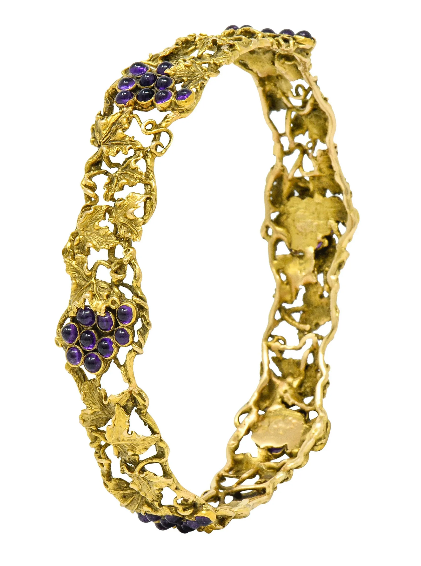 Arts & Crafts Amethyst 14 Karat Gold Grape Cluster Vine Bangle Bracelet