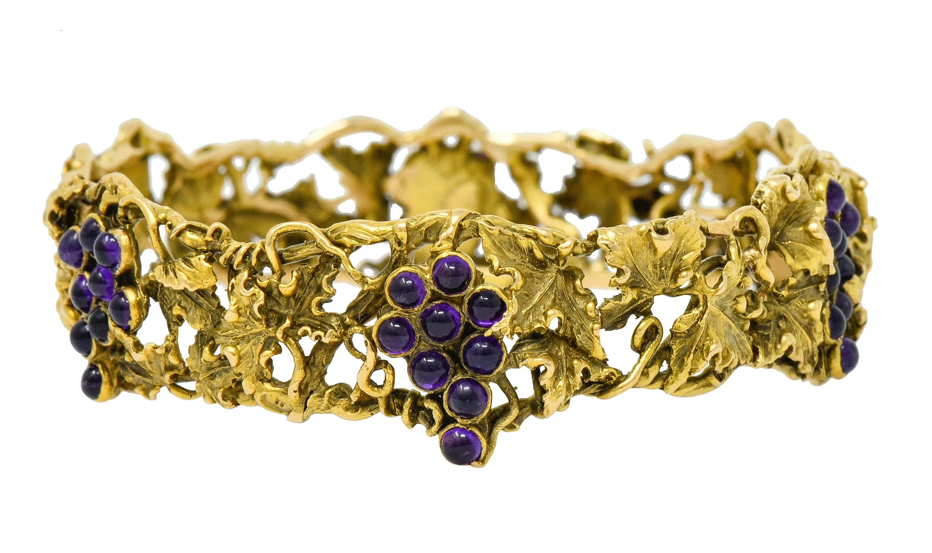 Arts & Crafts Amethyst 14 Karat Gold Grape Cluster Vine Bangle Bracelet