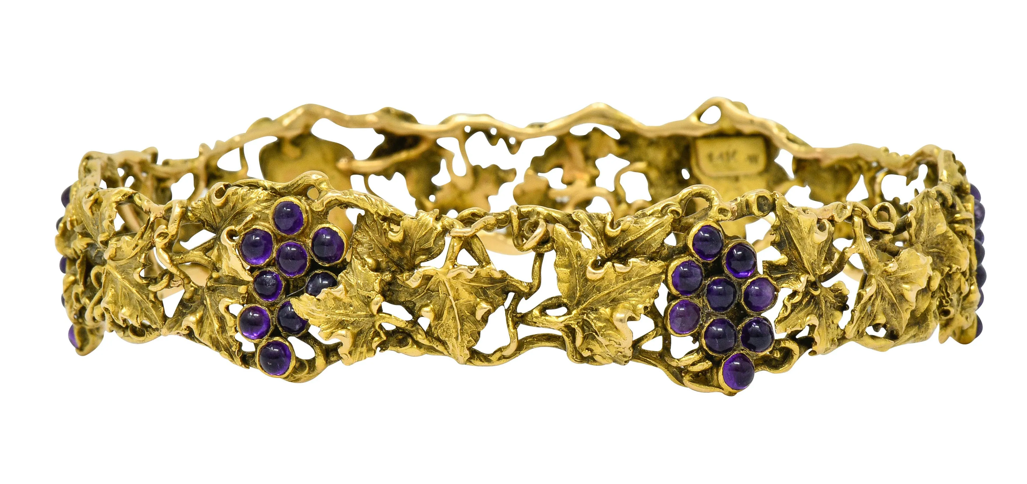 Arts & Crafts Amethyst 14 Karat Gold Grape Cluster Vine Bangle Bracelet