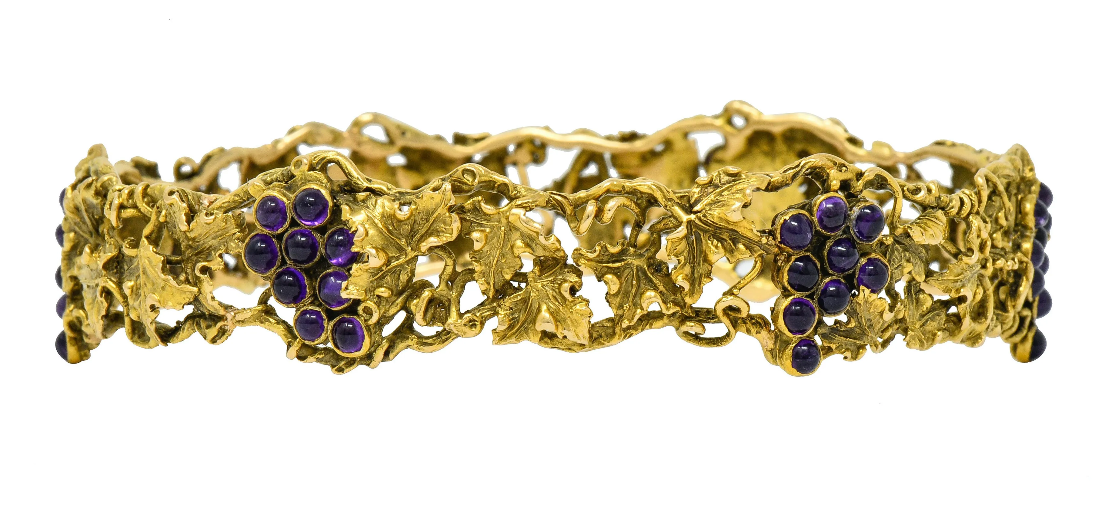 Arts & Crafts Amethyst 14 Karat Gold Grape Cluster Vine Bangle Bracelet