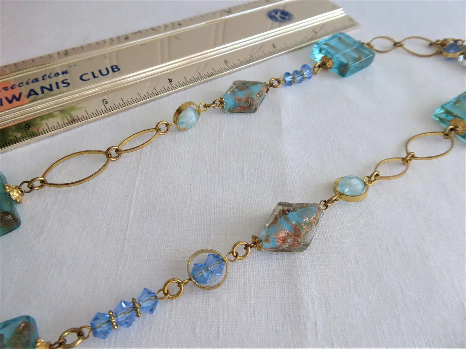 Blue Art Glass Necklace Turquoise Squares Gold Wrapped Rondelles Gold Links 28 In