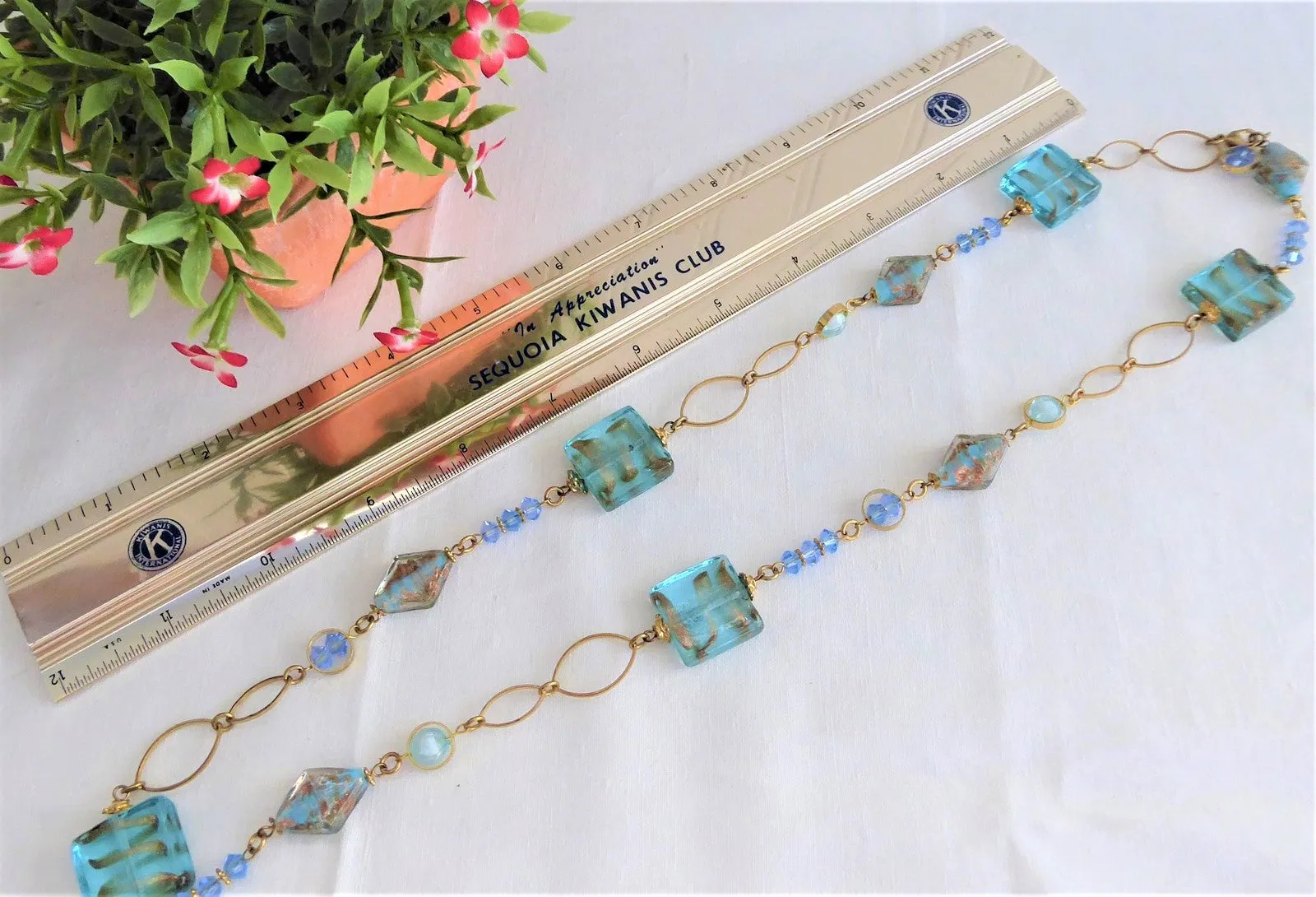 Blue Art Glass Necklace Turquoise Squares Gold Wrapped Rondelles Gold Links 28 In