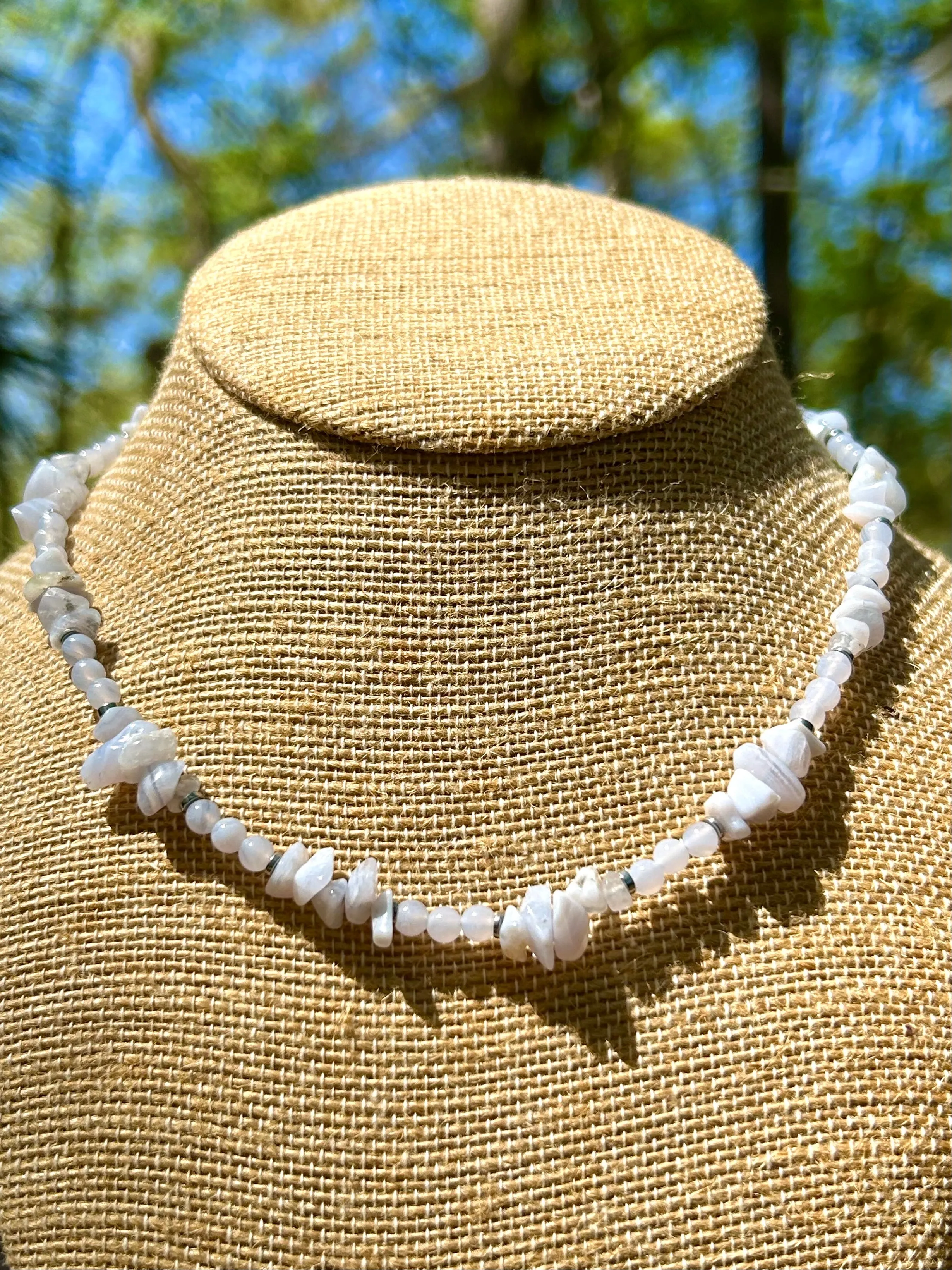 Blue Lace Agate Gemstone Beaded Choker Style Necklace