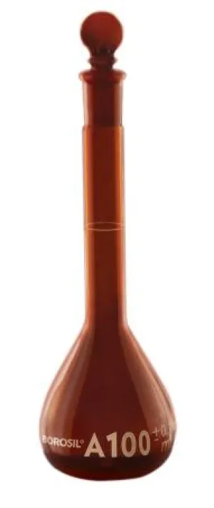 Borosil® Flasks, Volumetric, Class A, WM, Amber, Glass Stopper, 1L, Ind. Cert, CS/10