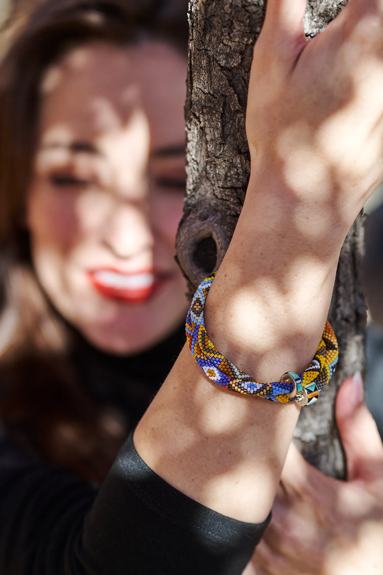 Bright Bracelet with Rings in Silver, Turquoise, & Oyster Shell