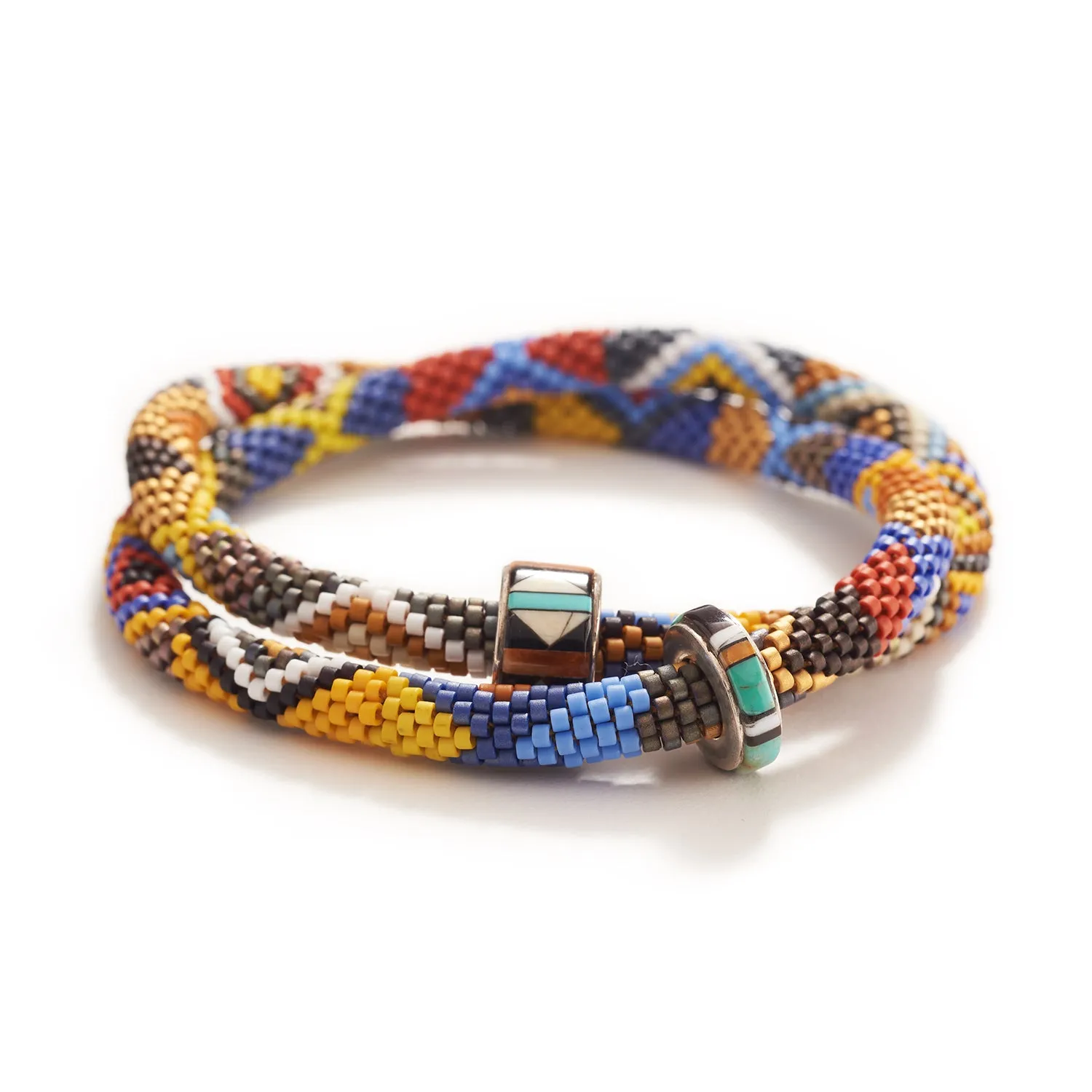 Bright Bracelet with Rings in Silver, Turquoise, & Oyster Shell