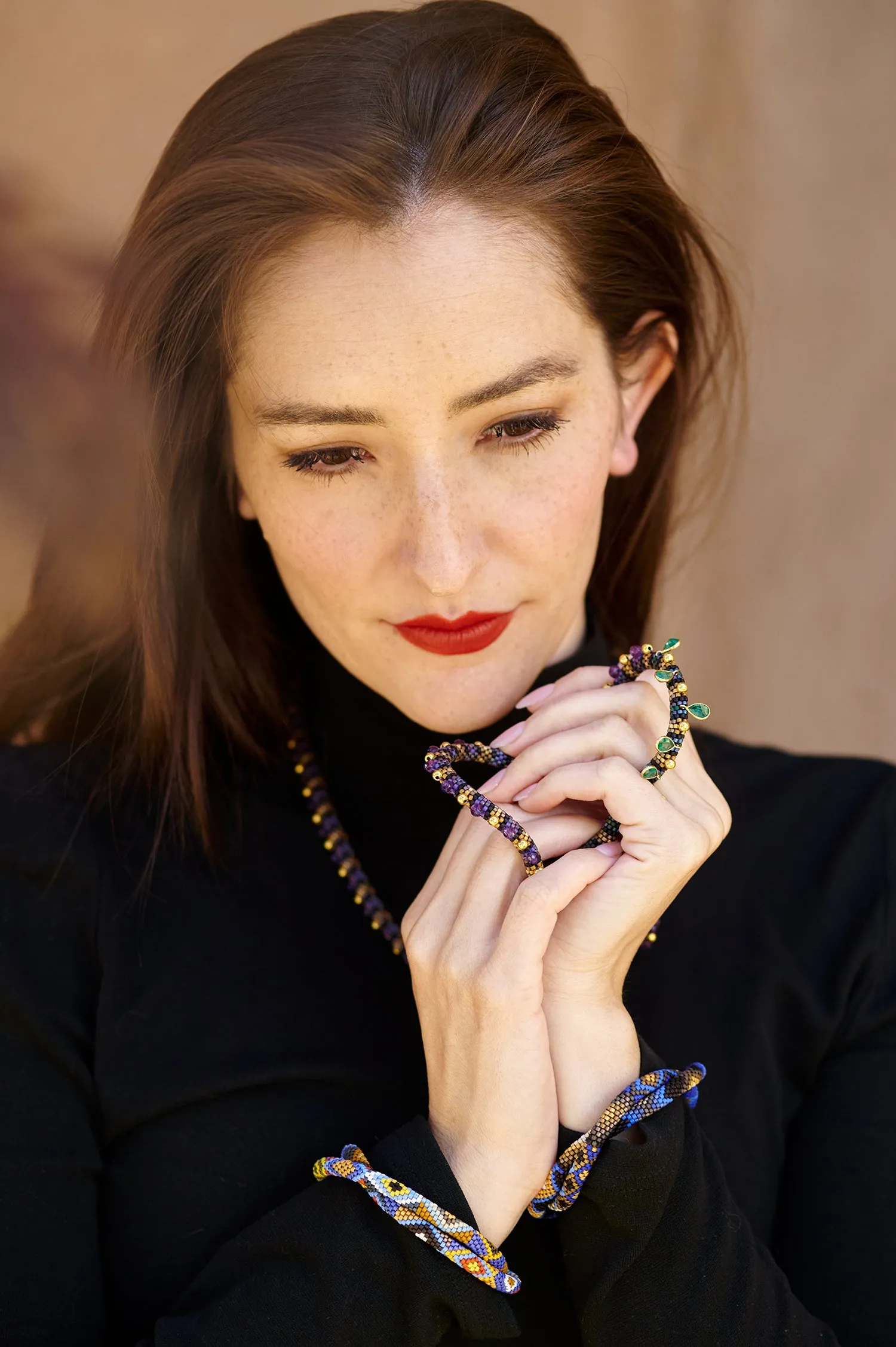 Bright Bracelet with Rings in Silver, Turquoise, & Oyster Shell