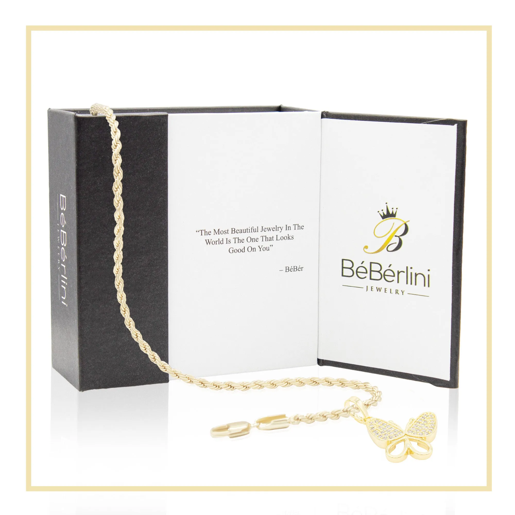 Butterfly CZ Pendant 14K Anklet Bracelet Gold Filled Cubic Zirconia Charm Rope Foot Set 10" WomenJewelry