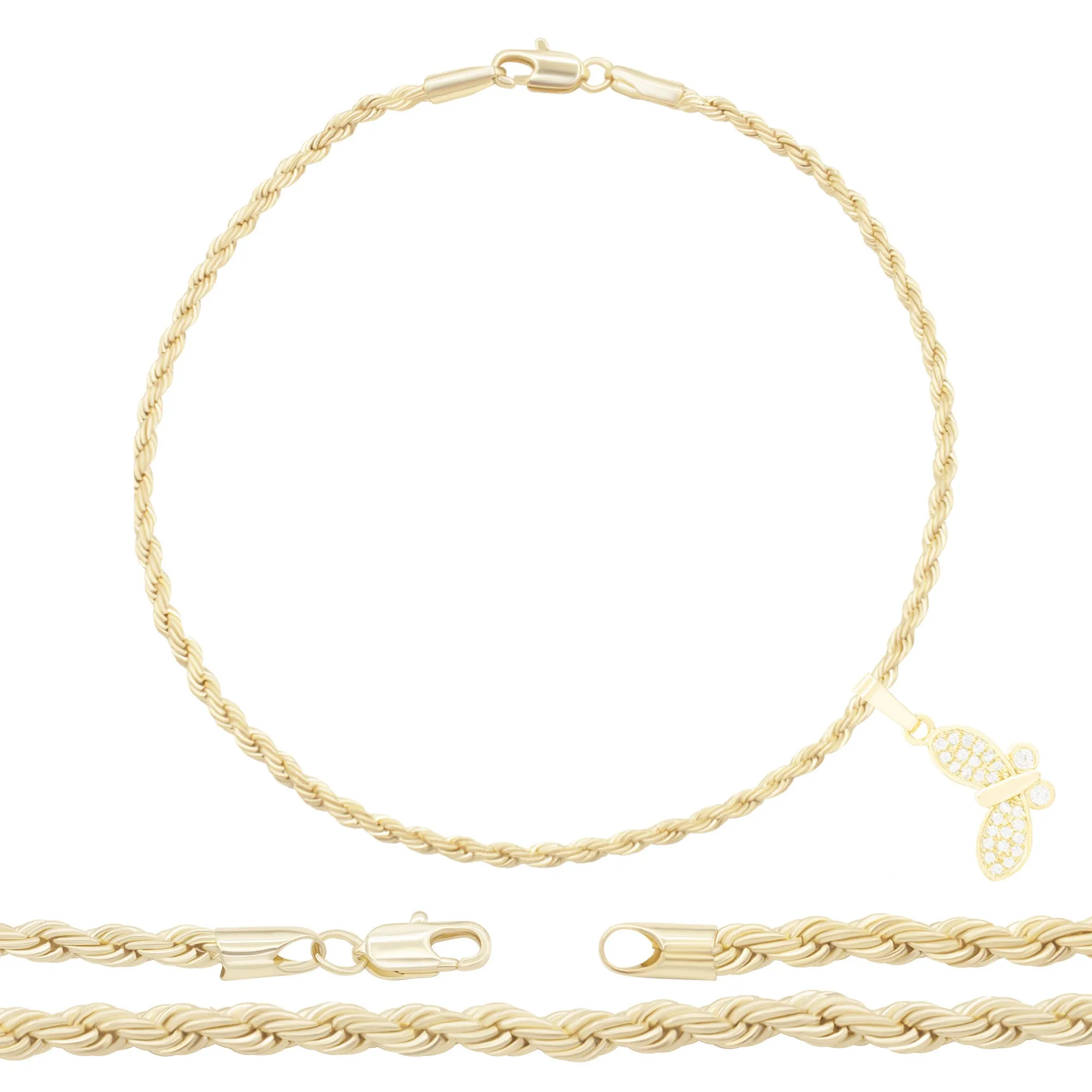 Butterfly CZ Pendant 14K Anklet Bracelet Gold Filled Cubic Zirconia Charm Rope Foot Set 10" WomenJewelry