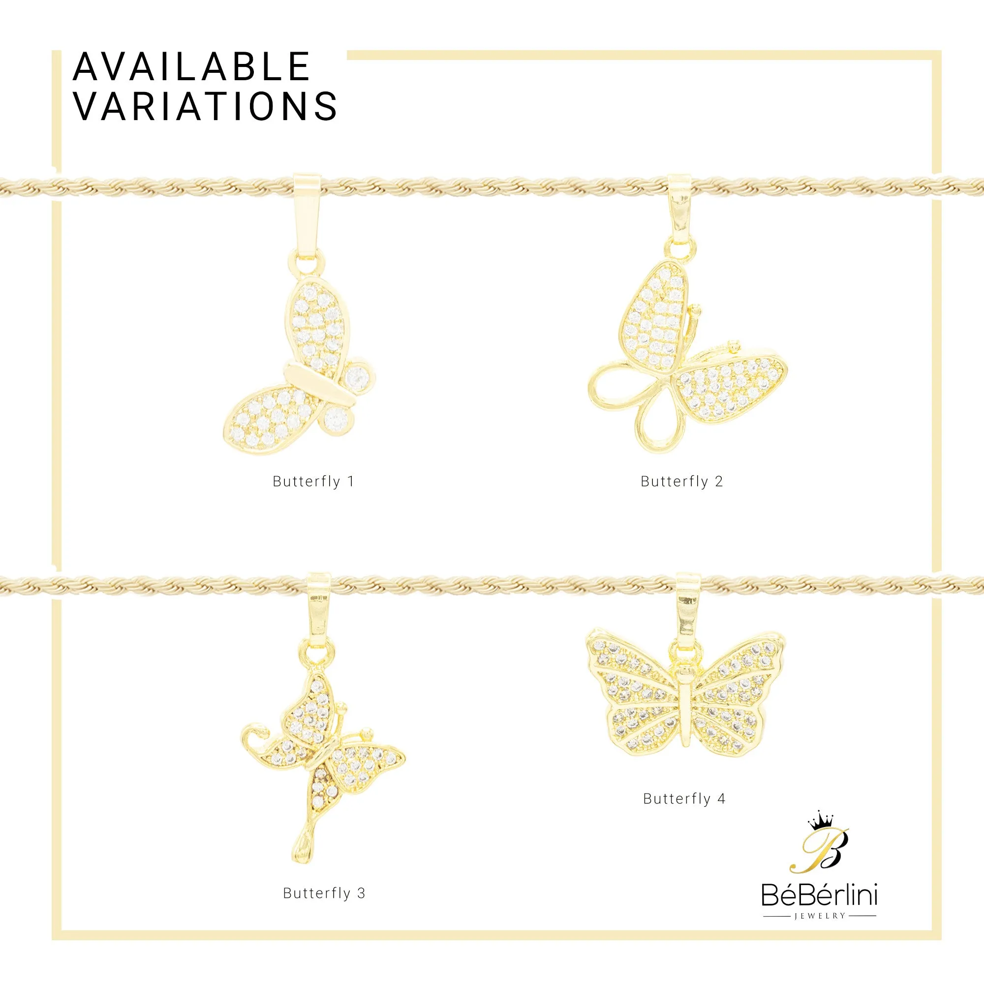 Butterfly CZ Pendant 14K Anklet Bracelet Gold Filled Cubic Zirconia Charm Rope Foot Set 10" WomenJewelry