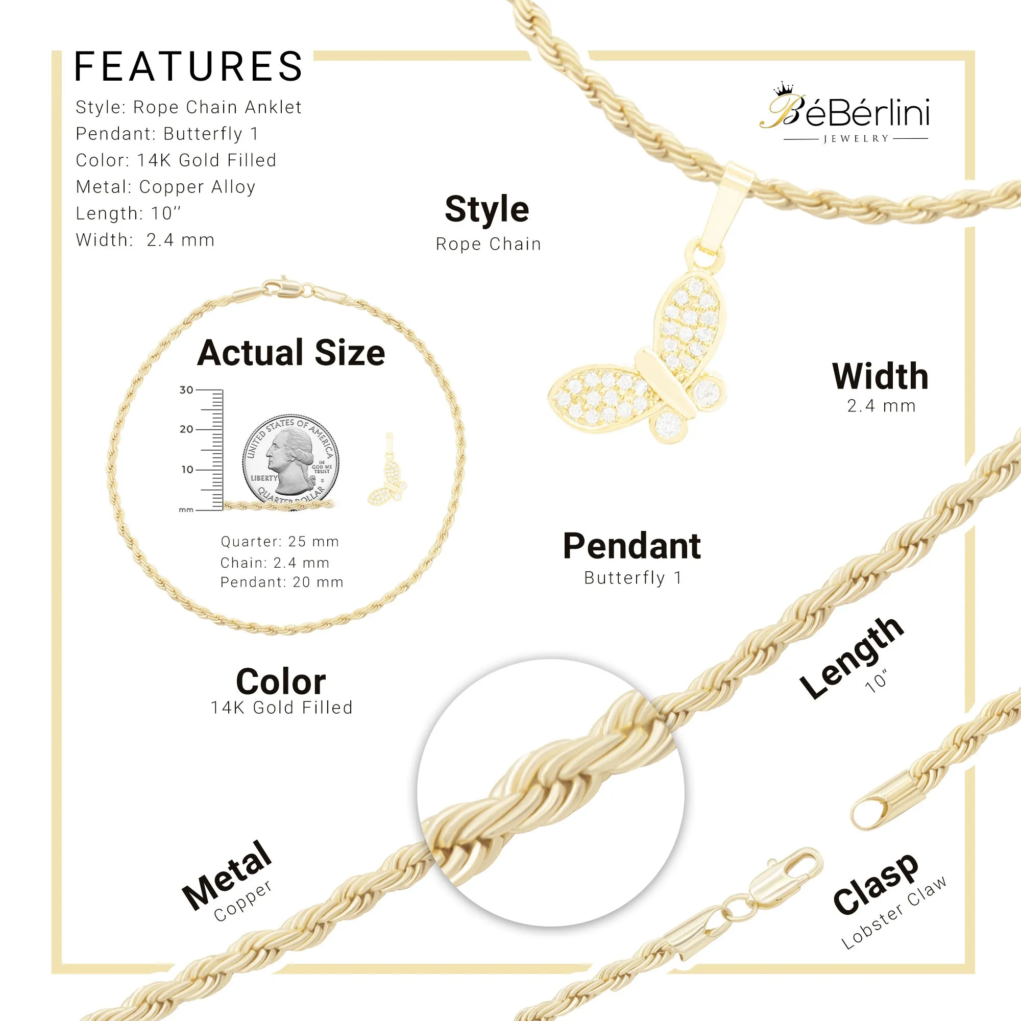 Butterfly CZ Pendant 14K Anklet Bracelet Gold Filled Cubic Zirconia Charm Rope Foot Set 10" WomenJewelry