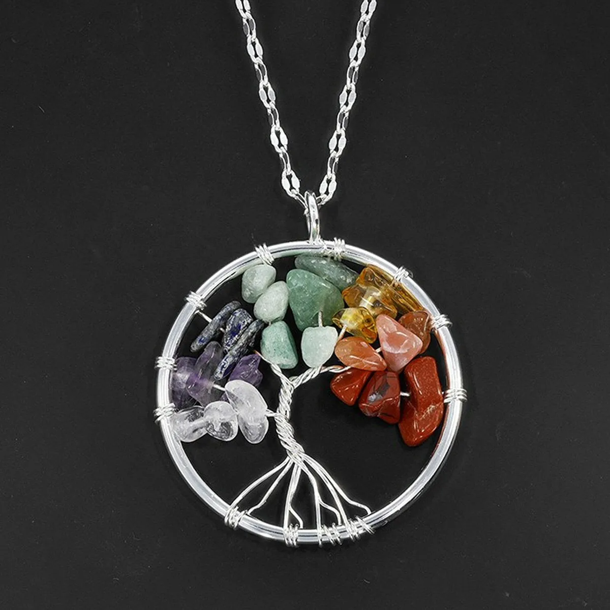 Equilibrium Silver Plated Tree of Life Natural Quartz Necklace