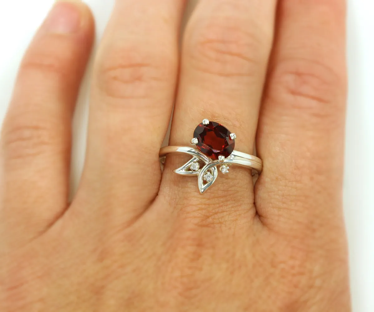 Garnet Leaf Diamond Sterling Silver Ring