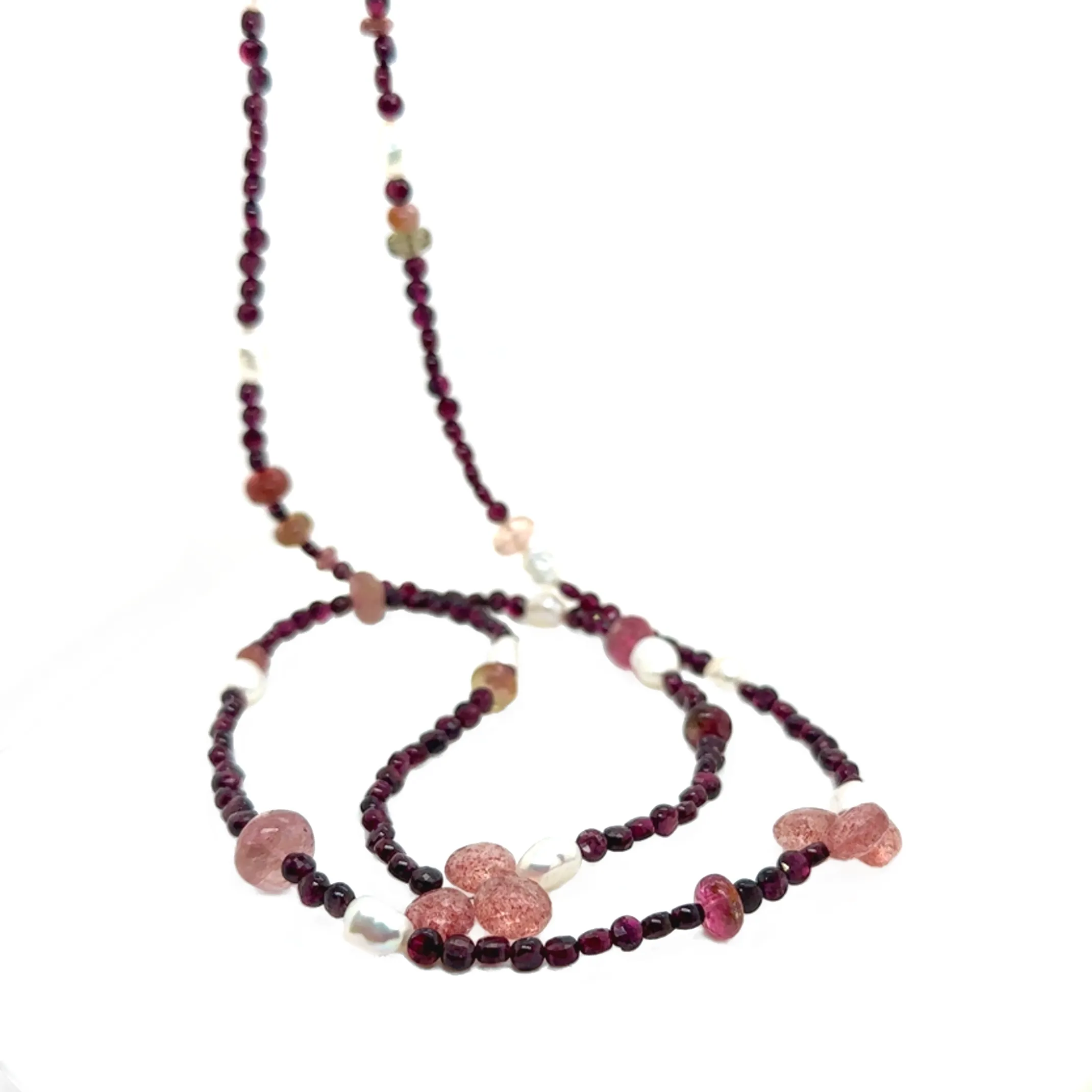 Garnet, Pink Tourmaline, Cherry Quartz & Freshwater Pearl Necklace
